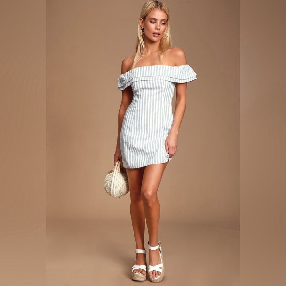 Lulu’s Striped Sage Green / White Off Shoulder Mini Dress | Sold out on Lulus